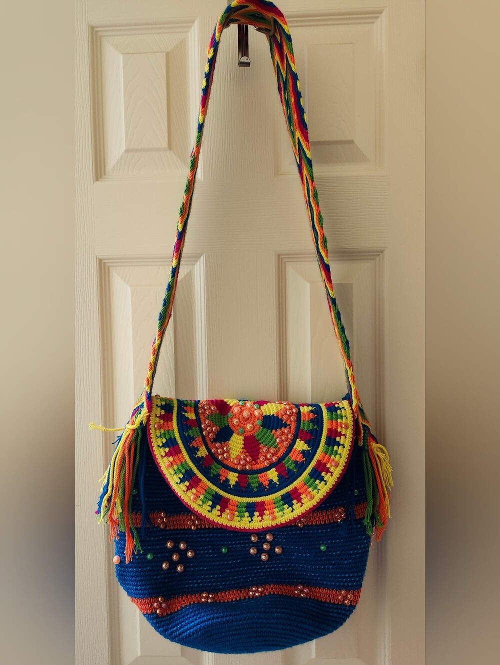 Handcrafted Multicolor Wayuu With Lid Bag  - Blue Base